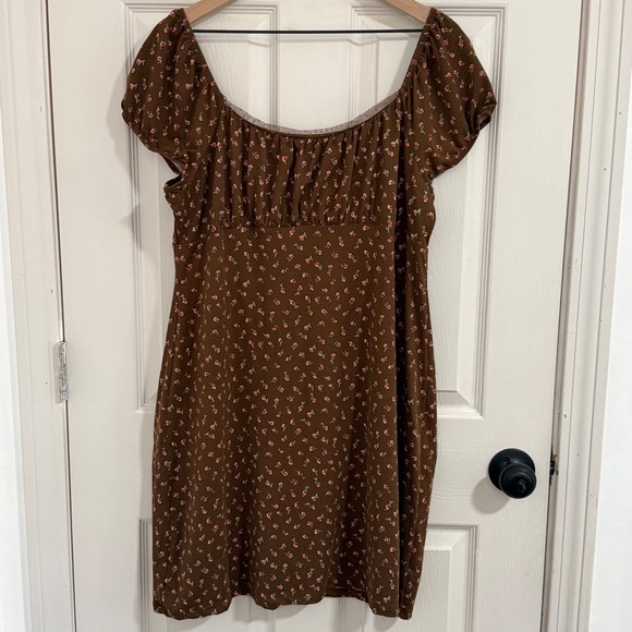 No Boundaries Mini Dress XXL Brown Pink Floral Rosette Cottage Fairy Babydoll - Picture 3 of 12